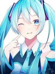 Rule 34 | 1girl, ;), blue eyes, blue hair, blue nails, blue necktie, closed mouth, collarbone, hatsune miku, highres, holding, holding hair, kimkiria, long hair, looking at viewer, nail polish, necktie, one eye closed, simple background, smile, solo, twintails, upper body, vocaloid, white background