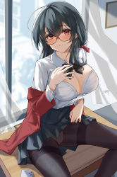 Rule 34 | 1girl, absurdres, ahoge, azur lane, black bow, black bowtie, black hair, black skirt, blush, bow, bowtie, bra, breasts, brown pantyhose, cellphone, cleavage, closed mouth, clothes lift, collared shirt, crossed bangs, curtains, day, dress shirt, glasses, hand up, highres, huge ahoge, indoors, jacket, large breasts, lifted by self, long hair, long sleeves, looking at viewer, off shoulder, official alternate costume, open clothes, open jacket, open shirt, panties, panties under pantyhose, pantyhose, partially unbuttoned, phone, pleated skirt, red eyes, red jacket, round eyewear, school uniform, shirt, sidelocks, signature, sitting, skirt, skirt lift, smartphone, smile, solo, taihou (azur lane), taihou (sweet time after school) (azur lane), thighband pantyhose, underwear, unique (pixiv12704744), white bra, white shirt, window