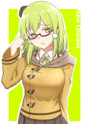 Rule 34 | &lt;:t, 1girl, :t, bad id, bad pixiv id, character name, coat, detached collar, glasses, green hair, hair ornament, hat, highres, looking at viewer, lulu heika, new orleans (warship girls r), pleated skirt, pom pom (clothes), pout, semi-rimless eyewear, short hair, skirt, solo, under-rim eyewear, upper body, warship girls r, yellow eyes