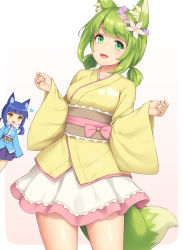 Rule 34 | 2girls, animal ear fluff, animal ears, animal print, blunt bangs, butterfly print, fox ears, fox girl, fox tail, green eyes, green hair, head wreath, heart, japanese clothes, kimono, looking at viewer, low twintails, multiple girls, obi, open mouth, original, print kimono, sasaame, sash, short kimono, short yukata, solo focus, tail, twintails, white background, yellow eyes, yukata