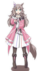 Rule 34 | 1girl, absurdres, animal ears, blue eyes, blush, boots, brown footwear, brown pantyhose, collarbone, commentary request, cross-laced footwear, dress, frilled dress, frills, full body, grey hair, hair between eyes, hair ornament, highres, horse ears, horse girl, horse tail, ishimori sakana, looking at viewer, multicolored hair, open mouth, pantyhose, pink dress, shadow, smile, solo, standing, streaked hair, tail, thick eyebrows, umamusume, white hair, wonder acute (umamusume)