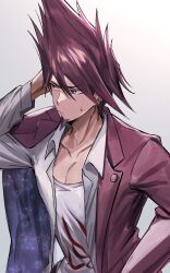 Rule 34 | 1boy, absurdres, bojue (hakus 1128), collarbone, danganronpa (series), danganronpa v3: killing harmony, facial hair, frown, goatee, grey background, grey shirt, hand in own hair, highres, jacket, long hair, long sleeves, male focus, momota kaito, open clothes, open jacket, open shirt, pink jacket, print shirt, shirt, simple background, solo, spiked hair, sweatdrop, upper body, white shirt