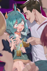 Rule 34 | 1boy, 3girls, ahoge, alcohol, aqua hair, aqua shirt, arm on another&#039;s shoulder, blonde hair, blue jacket, blurry, blurry background, blurry foreground, blush, breasts, brown hair, brown skirt, choker, cleavage, crossed legs, depth of field, drinking straw, eyelashes, fang, hair between eyes, hands up, highres, hipa (some1else45), holding, horns, indoors, jacket, leaning on person, medium breasts, multiple girls, nahia (some1else45), open mouth, original, out of frame, red hair, ringed eyes, sekoshi (some1else45), shirt, short hair, sidelocks, sitting, skirt, some1else45, sweatdrop, tea