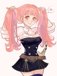 Rule 34 | 1girl, alternate hairstyle, breasts, bunching hair, buttons, chimney (chimney0311), commentary, fire emblem, fire emblem: three houses, garreg mach monastery uniform, heart, highres, hilda valentine goneril, holding own hair, looking at viewer, nintendo, pink eyes, pink hair, school uniform, simple background, smile, solo, twintails, white background