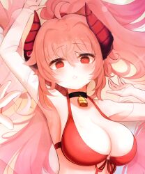 Rule 34 | 1girl, ahoge, bell, bikini, blush, breasts, cleavage, curvy, dungeon and fighter, horns, hwaryeok, large breasts, long hair, looking at viewer, neck bell, original, pink hair, red bikini, red eyes, solo, swimsuit, upper body