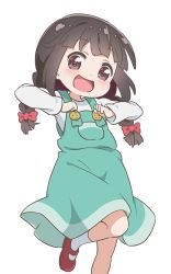 Rule 34 | 1girl, arms up, black hair, blue dress, bow, braid, brown eyes, child, clenched hands, dress, hands on own chest, leg up, long hair, low twintails, mary janes, matsumoto yuuna, open mouth, pinafore dress, red footwear, ribbon, shirt, shoes, simple background, sleeveless dress, smile, socks, solo, standing, standing on one leg, suisei aaru, twin braids, twintails, watashi ni tenshi ga maiorita!, white background, white footwear, white shirt
