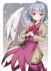 Rule 34 | 1girl, ahoge, blush, bow, bowtie, brooch, closed mouth, cowboy shot, dress, feathered wings, grey jacket, grey wings, jacket, jewelry, kishin sagume, long sleeves, looking at viewer, ominaeshi (takenoko), open clothes, open jacket, own hands clasped, own hands together, purple dress, red bow, red bowtie, red eyes, short hair, silver hair, single wing, solo, touhou, wings