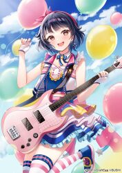 Rule 34 | 1girl, :d, balloon, bang dream!, bass guitar, black hair, blue bow, blue dress, blue footwear, blue sky, bow, brown eyes, cloud, cloudy sky, commentary request, day, dress, earrings, electric guitar, fingerless gloves, frilled dress, frills, gloves, guitar, hair ribbon, hairband, hand up, highres, holding, holding instrument, instrument, jewelry, looking at viewer, open clothes, open mouth, open vest, outdoors, red hairband, red ribbon, ribbon, sakura hiyori, shoes, short hair, sky, sleeveless, sleeveless dress, smile, solo, star (symbol), star earrings, striped clothes, striped thighhighs, thighhighs, ushigome rimi, vest, white gloves, white vest