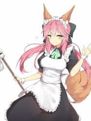 Rule 34 | 10s, 1girl, alios arvin, alternate costume, animal ears, apron, blush, braid, breasts, dress, enmaided, fate/extra, fate (series), fox ears, fox tail, frills, heart, highres, large breasts, looking at viewer, maid, maid apron, maid headdress, pink hair, ribbon, short sleeves, simple background, tail, tamamo no mae (fate/extra), thighhighs, twin braids, waist apron, white background, white thighhighs, wrist cuffs