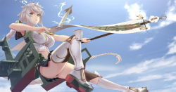 Rule 34 | 10s, 1girl, armpits, ass, asymmetrical hair, boots, braid, breasts, cloud, day, flight deck, kantai collection, large breasts, lightning bolt symbol, long hair, looking at viewer, magic, navel, pleated skirt, rigging, rokuwata tomoe, skirt, sky, solo, staff, thighs, turret, unryuu (kancolle), very long hair, white footwear, white hair, yellow eyes