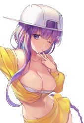 Rule 34 | 1girl, asymmetrical hair, backwards hat, bandeau, bare shoulders, baseball cap, bb (fate), bb (fate) (all), bb (swimsuit mooncancer) (fate), bb (swimsuit mooncancer) (first ascension) (fate), blush, braid, breasts, cleavage, collarbone, fate/grand order, fate (series), fingers to chin, hand on own chin, hat, highres, jacket, long hair, looking at viewer, medium breasts, navel, off shoulder, one eye closed, open mouth, outstretched arm, purple eyes, purple hair, selfie, single braid, skirt, solo, very long hair, vivi (eve no hakoniwa), white hat, yellow jacket, yellow skirt