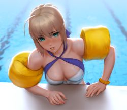 Rule 34 | 1girl, ahoge, artoria pendragon (all), artoria pendragon (fate), artoria pendragon (swimsuit archer) (first ascension) (fate), backlighting, bikini, blonde hair, braid, breasts, collarbone, commentary, english commentary, eyes visible through hair, fate/stay night, fate (series), french braid, green eyes, infi, inflatable armbands, medium breasts, parted lips, pool, saber (fate), smile, solo, swimsuit, upper body, wristband
