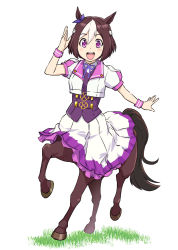 Rule 34 | 1girl, :d, animal ears, blush, blush stickers, bow, breasts, brown hair, centaur, collared shirt, commentary request, ear ribbon, full body, grass, hair between eyes, hand up, highres, horse ears, horse tail, long skirt, looking at viewer, monster girl, monsterification, multicolored hair, neck ribbon, open mouth, pleated skirt, purple bow, purple eyes, purple ribbon, purple vest, ribbon, running, school uniform, shirt, short hair, short sleeves, sidelocks, simple background, skirt, small breasts, smile, solo, special week (umamusume), tail, taur, teeth, tracen school uniform, two-tone hair, ueyama michirou, umamusume, upper teeth only, vest, white background, white hair, white shirt, white skirt, white vest, wristband