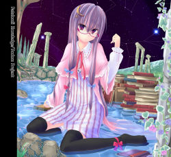 Rule 34 | 1girl, black thighhighs, book, capelet, character name, crescent, crescent hair ornament, female focus, hair ornament, ikoo, jewelry, long hair, long sleeves, patchouli knowledge, purple eyes, purple hair, ring, solo, thighhighs, touhou, very long hair, water