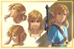 Rule 34 | 1boy, artist name, blonde hair, blue eyes, blue tunic, border, character sheet, eorinamo, grey shirt, hair between eyes, link, looking at viewer, looking to the side, low ponytail, male focus, medium hair, multiple views, nintendo, pointy ears, portrait, shirt, sidelocks, solo, the legend of zelda, the legend of zelda: breath of the wild, upper body, weapon, weapon on back