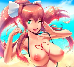 Rule 34 | 1girl, beach, bikini, bow, breasts, brown hair, doki doki literature club, green eyes, hair ribbon, highres, large breasts, long hair, looking at viewer, monika (doki doki literature club), nipples, one eye closed, open mouth, oughta, ribbon, smile, solo, swimsuit, upper body