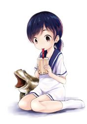 Rule 34 | 1girl, 1other, bad id, bad twitter id, black hair, blue sailor collar, brown eyes, bubble tea, commentary request, dress, drinking straw, frog, full body, hat, hiburi (kancolle), kantai collection, kurona, low ponytail, one-hour drawing challenge, sailor collar, sailor dress, sailor hat, short hair, short sleeves, simple background, sitting, socks, wariza, white background, white dress, white headwear, white socks