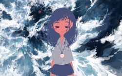 Rule 34 | 1girl, abstract background, absurdres, antennae, blue hair, blue skirt, blush, collared shirt, cowboy shot, glowing, half-closed eyes, highres, jewelry, long hair, looking at viewer, necklace, no nose, original, shirt, sizucomaru, skirt, smile, solo, water, white shirt
