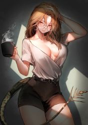 Rule 34 | 1girl, absurdres, belt, black belt, black shorts, blush, breasts, brown hair, cleavage, commentary, commission, cowboy shot, cup, earrings, glasses, hand in own hair, high-waist shorts, highres, holding, holding cup, jewelry, large breasts, lizard tail, looking at viewer, looking away, marse (rokudaime), medium hair, original, parted lips, pink eyes, reptile girl, shadow, short shorts, short sleeves, shorts, simple background, skeb commission, smile, solo, standing, steam, tail