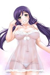 Rule 34 | 10s, 1girl, blush, breasts, chemise, female focus, gradient background, green eyes, grin, highres, large breasts, long hair, looking at viewer, love live!, love live! school idol project, navel, nonoririn, panties, purple hair, see-through, smile, solo, tojo nozomi, twintails, underwear