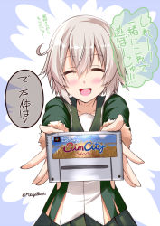 Rule 34 | 10s, 1girl, :d, ^ ^, blonde hair, blush, closed eyes, collarbone, commentary request, facing viewer, fur trim, game cartridge, green jacket, jacket, kantai collection, mikage takashi, open mouth, pun, shimushu (kancolle), short hair, sim city, skirt, smile, smirk, solo, super famicom cartridge, translated, twitter username, upper body