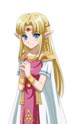 Rule 34 | 1girl, asatsuki (fgfff), bad id, bad pixiv id, blonde hair, blue eyes, bracer, circlet, dress, earrings, highres, jewelry, long hair, muedo, nintendo, own hands together, pointy ears, princess zelda, simple background, smile, solo, the legend of zelda, the legend of zelda: a link between worlds, white background