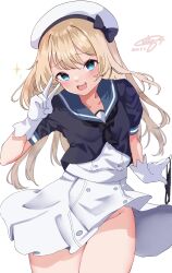 Rule 34 | 1girl, beret, black neckerchief, blonde hair, blue eyes, blue sailor collar, blush, calin, dated, dress, gloves, hat, highres, jervis (kancolle), kantai collection, long hair, looking at viewer, neckerchief, open mouth, panties, sailor collar, sailor dress, sailor hat, school uniform, short sleeves, signature, simple background, smile, solo, sparkle, underwear, unworn panties, v, white background, white dress, white gloves, white hat