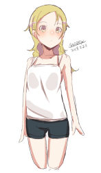 Rule 34 | 1girl, bare arms, bare shoulders, black shorts, blonde hair, blush, breasts, brown eyes, camisole, closed mouth, cowboy shot, cropped legs, dated, forehead, long hair, looking at viewer, maze (gochama ze gohan), original, parted bangs, short shorts, shorts, signature, simple background, sketch, small breasts, solo, white background, white camisole