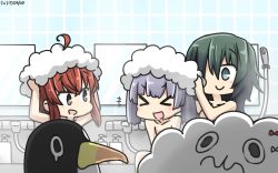 Rule 34 | &gt;:d, &gt; &lt;, 10s, 3girls, :d, ahoge, arashi (kancolle), brown eyes, commentary request, dated, failure penguin, green eyes, green hair, grey hair, hair over one eye, hamu koutarou, highres, indoors, kantai collection, kiso (kancolle), mirror, miss cloud, multiple girls, ooshio (kancolle), open mouth, red hair, smile, tile wall, tiles, v-shaped eyebrows, washing hair