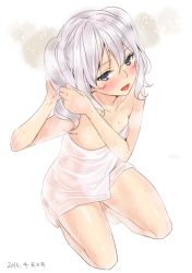 Rule 34 | 10s, 1girl, 2016, :d, adjusting hair, ama mitsuki, bare arms, bare legs, bare shoulders, barefoot, blue eyes, blush, breasts, collarbone, dated, full body, head tilt, kantai collection, kashima (kancolle), looking at viewer, open mouth, see-through, short twintails, silver hair, simple background, small breasts, smile, solo, twintails, tying hair, water drop, wet, white background