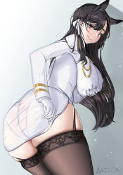 Rule 34 | 1girl, animal ears, anti kumo, ass, atago (azur lane), azur lane, black hair, blush, breasts, brown eyes, dress, extra ears, gloves, grabbing, grabbing another&#039;s breast, hair ribbon, highres, large breasts, long hair, long sleeves, looking at viewer, mole, mole under eye, pantylines, ribbon, signature, smile, solo, swept bangs, thighhighs, thighs, white dress, white gloves, white ribbon