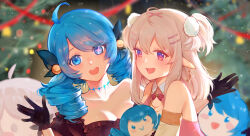 Rule 34 | 2girls, :&gt;, :d, ahoge, bare shoulders, bell, black bow, black gloves, blonde hair, blue eyes, blue hair, blurry, blurry background, blush, blush stickers, bow, breasts, character doll, character request, closed mouth, collarbone, drill hair, earrings, gloves, gwen (league of legends), hair bell, hair bow, hair ornament, hairclip, highres, jewelry, large breasts, league of legends, linkbao, long hair, multiple girls, open mouth, pink eyes, small breasts, smile, teeth, twin drills, twintails, upper teeth only, x hair ornament