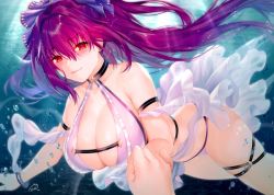 Rule 34 | 1girl, bare shoulders, bikini, blush, breasts, cleavage, collarbone, fate/grand order, fate (series), hair between eyes, hair ribbon, large breasts, long hair, looking at viewer, obiwan, ponytail, purple bikini, purple hair, purple ribbon, red eyes, ribbon, sarong, scathach (fate), scathach skadi (fate), smile, solo focus, swimming, swimsuit, thighs, underwater