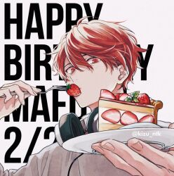 Rule 34 | 1boy, cake, english text, food, fork, fruit, given, grey background, grey shirt, happy birthday, headphones, headphones around neck, holding, holding fork, holding plate, kizu natsuki, light blush, looking at viewer, male focus, plate, red eyes, red hair, satou mafuyu, shirt, simple background, solo, strawberry, strawberry shortcake, upper body