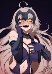 Rule 34 | 1girl, 2019, ahoge, bare shoulders, blush, breasts, cleavage, constricted pupils, cowboy shot, dated, elbow gloves, fate/grand order, fate (series), gesugao, gloves, grey hair, hair between eyes, hand on own cheek, hand on own chest, hand on own face, headpiece, j.k., jeanne d&#039;arc (fate), jeanne d&#039;arc alter (avenger) (fate), jeanne d&#039;arc alter (avenger) (third ascension) (fate), jeanne d&#039;arc alter (fate), large breasts, long hair, navel, nose blush, pink hair, sharp teeth, signature, smile, sneer, solo, teeth, tongue, white background, yellow eyes