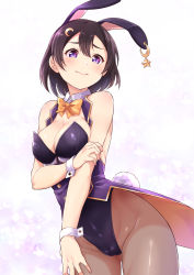 Rule 34 | 1girl, animal ears, arm under breasts, bare shoulders, black hair, black leotard, black pantyhose, blush, bow, bowtie, breasts, bunny day, cameltoe, cleavage, closed mouth, coat, contrapposto, covering privates, cowboy shot, crescent, crescent hair ornament, detached collar, ear piercing, embarrassed, fake animal ears, fake tail, framed breasts, frown, furrowed brow, gradient background, groin, hair between eyes, hair ornament, hand on own thigh, highres, hip focus, kanabun, leotard, looking at viewer, looking down, love live!, love live! sunshine!!, love live! sunshine!! the school idol movie over the rainbow, medium breasts, narrow waist, pantyhose, piercing, playboy bunny, rabbit ears, rabbit tail, short hair, sleeveless, sleeveless coat, solo, strapless, strapless leotard, tail, tailcoat, thighs, underbust, watanabe tsuki, wavy mouth, wide hips, wing collar, wrist cuffs, yellow bow, yellow bowtie