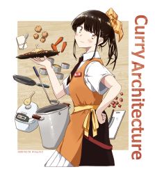 Rule 34 | 1girl, any (lucky denver mint), apron, black hair, blush, brown eyes, brown necktie, brown ribbon, brown skirt, c2 kikan, carrot, collared shirt, commentary request, curry, curry rice, cutting board, food, from side, frying pan, hair ribbon, hand on own hip, head tilt, highres, holding, holding plate, japanese flag, knife, looking at viewer, looking to the side, name tag, necktie, orange apron, plate, ponytail, pork, pot, re-ka-chan, ribbon, rice, rice cooker, shirt, sidelocks, skirt, smile, solo, white shirt