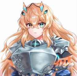 Rule 34 | 1girl, armor, blonde hair, breastplate, breasts, barghest (fate), barghest (first ascension) (fate), fate/grand order, fate (series), green eyes, heterochromia, highres, horns, large breasts, long hair, looking at viewer, orange eyes, pauldrons, rain (roromi), shoulder armor, solo