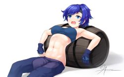 Rule 34 | 1girl, abs, aposine, armpits, bandeau, bare shoulders, barrel, black headband, blue eyes, blue gloves, blue hair, blue tube top, blush, borrowed character, breasts, chaps, commentary, commission, cowboy shot, english commentary, exhausted, fingerless gloves, gloves, grey shorts, groin, headband, leaning back, leaning on object, looking up, medium breasts, midriff, navel, open mouth, original, shadow, short hair, shorts, sidelocks, signature, simple background, sitting, solo, strapless, sweat, swept bangs, taut clothes, tube top, white background