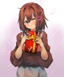 Rule 34 | 1girl, blush, box, breasts, brown eyes, brown hair, brown sweater, furutaka (kancolle), gift, gift box, glowing, glowing eye, grey skirt, hair between eyes, hair ornament, hairclip, heart, heterochromia, highres, holding, holding gift, kantai collection, looking at viewer, medium breasts, official alternate costume, parted lips, short hair, simple background, skirt, solo, sunday aki, sweater, upper body, yellow eyes