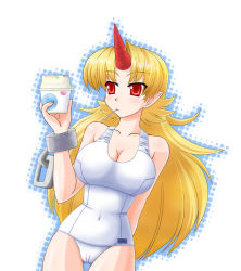 Rule 34 | 1girl, blonde hair, breasts, cleavage, cuffs, female focus, horns, hoshiguma yuugi, large breasts, long hair, mouth hold, nishin, nishindoh, one-piece swimsuit, pointy ears, red eyes, school swimsuit, shackles, single horn, solo, swimsuit, touhou, white school swimsuit, white one-piece swimsuit