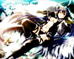Rule 34 | 1girl, arc system works, asymmetrical wings, blue hair, dizzy (guilty gear), guilty gear, guilty gear x, guilty gear xx, guilty gear xx slash, hair ribbon, long hair, lying, non-web source, official art, official wallpaper, on back, one eye closed, red eyes, ribbon, solo, tail, tail ornament, tail ribbon, thighhighs, wings, wink