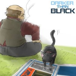 Rule 34 | 00s, angry, black cat, cat, cigarette, collar, darker than black, grass, hand on own knee, huang (darker than black), lowres, mao (darker than black), newspaper, sitting, smoking, text focus, vest