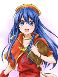 Rule 34 | 1girl, :d, blue eyes, blue hair, capelet, collarbone, fire emblem, fire emblem: the binding blade, floating hair, hair between eyes, holding, lilina (fire emblem), long hair, looking at viewer, nintendo, open mouth, orange capelet, red headwear, red shirt, shirt, simple background, skirt, smile, solo, ten (tenchan man), upper body, very long hair, white background, white skirt