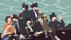 Rule 34 | 6+boys, alcohol, beard, black hair, bottle, brown hair, cigarette, clone, commentary request, covered eyes, facial hair, flower, formal, hat, highres, jigen daisuke, lupin iii, male focus, multiple boys, no headwear, out of frame, short hair, sitting, smile, smoke, smoking, suit, table, urourooooo
