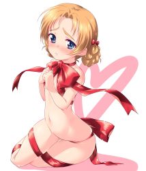 Rule 34 | 1girl, blue eyes, blush, bow, braid, breasts, choker, cleavage, covered erect nipples, gift wrapping, girls und panzer, gluteal fold, hair bow, hair ornament, highres, kuzuryuu kennosuke, looking at viewer, navel, orange hair, orange pekoe (girls und panzer), parted lips, ribbon, ribbon choker, shiny skin, simple background, sitting, small breasts, solo, white background