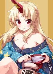 Rule 34 | 1girl, alcohol, bare shoulders, blonde hair, blue kimono, blush, breasts, cleavage, closed mouth, collarbone, commentary request, cuffs, cup, highres, horns, hoshiguma yuugi, hoshiguma yuugi (kimono), japanese clothes, kimono, large breasts, long hair, long sleeves, looking at viewer, off shoulder, oni, red eyes, ruu (tksymkw), sakazuki, sake, shackles, single horn, solo, star (symbol), star print, touhou, upper body, wide sleeves, yellow background