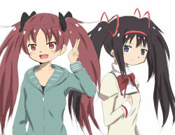 Rule 34 | 10s, 2girls, akemi homura, alternate hairstyle, bad id, bad pixiv id, black hair, border, bow, dars (recolors), fang, female focus, hair ribbon, long hair, long sleeves, looking at viewer, mahou shoujo madoka magica, mahou shoujo madoka magica (anime), mitakihara school uniform, multiple girls, open mouth, playing with hair, ponytail, purple eyes, red eyes, red hair, ribbon, sakura kyoko, school uniform, simple background, smile, twintails, white background