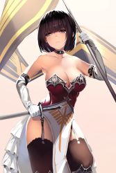 Rule 34 | 1girl, banner, bare shoulders, black hair, black thighhighs, bob cut, breasts, bustier, collar, dress, elbow gloves, garter straps, gloves, holding, holding sword, holding weapon, large breasts, looking at viewer, original, orihi chihiro, pelvic curtain, purple eyes, short hair, solo, strapless, strapless dress, sword, thighhighs, weapon, white gloves