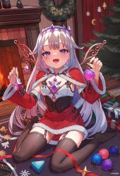 Rule 34 | 1girl, absurdres, arpeggio kaga, black garter straps, black thighhighs, blush, breasts, cape, capelet, chest jewel, christmas ornaments, christmas present, christmas tree, colored inner hair, commission, detached sleeves, dress, fireplace, fur-trimmed capelet, fur-trimmed skirt, fur-trimmed sleeves, fur trim, garter straps, gift, grey hair, hair flaps, highres, holding ornament, hololive, hololive english, jewel under eye, koseki bijou, koseki bijou (1st costume), long hair, looking at viewer, multicolored hair, open mouth, pink hair, purple eyes, red cape, red skirt, red sleeves, santa dress, skeb commission, skirt, sleeveless, sleeveless dress, small breasts, smile, solo, thighhighs, virtual youtuber